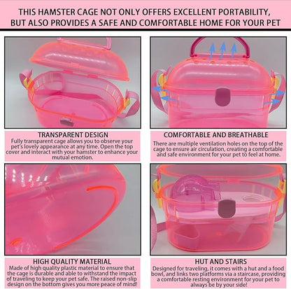 kathson Portable Hamster Cage Dwarf Hamster Carry Case Syrian Hamster Carry Travel Cage with House Food Bowl Adjustable Strap Pet Outgoing Cages Carrier for Small Hamster Young Guinea Pig Pink