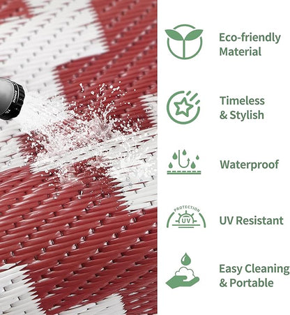 GENIMO Outdoor Rug for Patio Clearance, 6'x9' Reversible Plastic Straw Rugs, Lightweight Waterproof RV Camping Mat for Camper, Balcony, Deck, Backyard, Picnic, Red White