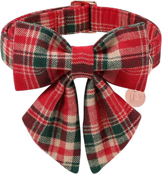 Christmas Plaid Dog Collar with Bow Tie– Adjustable Red & Green Checkered Dog Collar for Small Medium Large Dogs, Soft Xmas Plaid Puppy Collars with Quick Release Buckle L