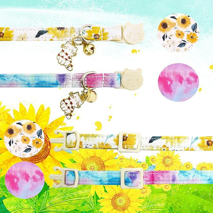 Elegant little tail 2 Pack Cat Collar- Sunflower Print Cotton Breakaway Cat Collars with Bell Pendant Kitten for Girl Safety Adjustable Collar for Small Cats Puppy