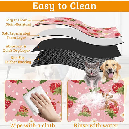 Dog Bowl Mat,Strawberry Pet Feeding Mat for Floors Waterproof,White Daisy Absorbent Dogs Placemat for Food and Water Quick Dry Pet Cat Feeding Mats with Non Slip Bottom 12" x 20"