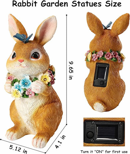 Solar Garden Statues Outdoor Easter Bunny Decorations with Butterfly & Flowers Spring Decor with 6 LED Night Accent Lights for Patio, Yard & Lawn, Easter Gift for Mom, Valentines Day Figurine