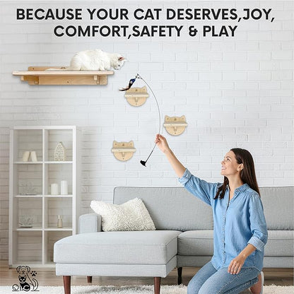 Snuggle & Play Cat Wall Shelves & Climbing System – Modern Furniture Set with 3 Steps & Perch for Indoor Cats, Includes Wand Toy