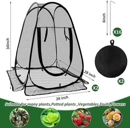 2pcs Pop Up Mesh Plant Protectors from Animals,Large Plant Netting Guard Cover with 8 Stake Crop Cage Fine Mesh Plant Tents for Protect Flower Tomato Vegetable from Deer Cat Bird Squirrel, 28x28x34 In
