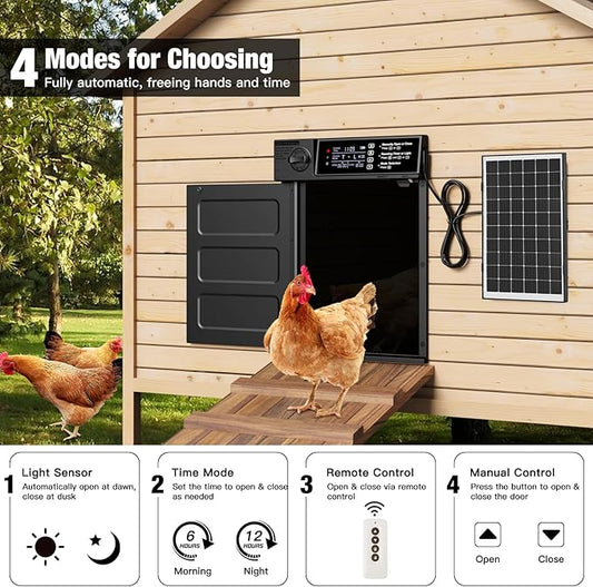 Automatic Chicken Coop Door, Large Size Solar Powered Coop Door with Opening in Emergency, Anti-Pinch, Timer & Light Sensor, Aluminum Waterproof Auto Chicken Door, with 7W Solar Panel