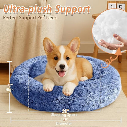 JOLLYVOGUE Calming Dog Bed Medium Size Dog, Anti-Anxiety Donut Medium Pet Bed, 31 inches Fluffy Faux Fur Round Cat Bed, Fits up to 45 lbs Pets (Navy Blue)