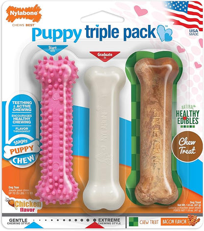 Nylabone Puppy Chew Toys & Natural Treat Triple Pack, Puppy Enrichment Teething Toys, Pink, Chicken & Bacon Flavor, Small Dogs - Up to 25 Ibs, 3 Pack