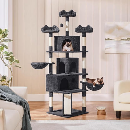 Yaheetech 76.5in Multi-Level Large Cat Tree, Big Cat Tower with 3 Condos, Cozy Plush Perches, 9 Sisal Scratching Posts and Ladder, Activity Center for Large Kitties, Black