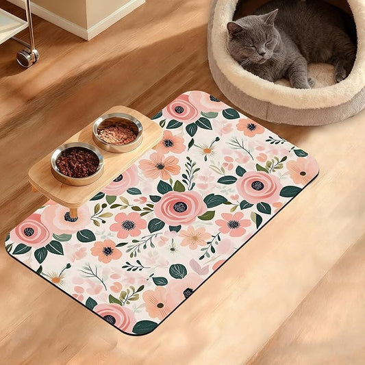 Dog Bowl Mat,Blooming Flowers Pet Feeding Mat for Floors Waterproof,Peonies Roses Absorbent Dogs Placemat for Food and Water Quick Dry Pet Cat Feeding Mats with Non Slip Bottom 12" x 20"