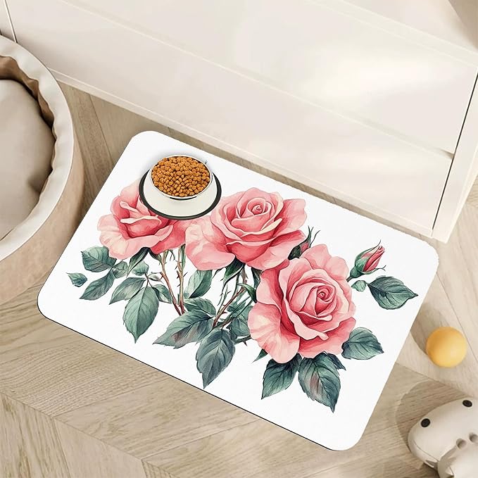 Pink Rose Pet Feeding Mat,Vintage Absorbent Quick-Dry Cat Dog Food and Water Bowl Mats,Non-Slip Rubber Backing Mat,Cat Dog Accessories Supplies 12"x20"