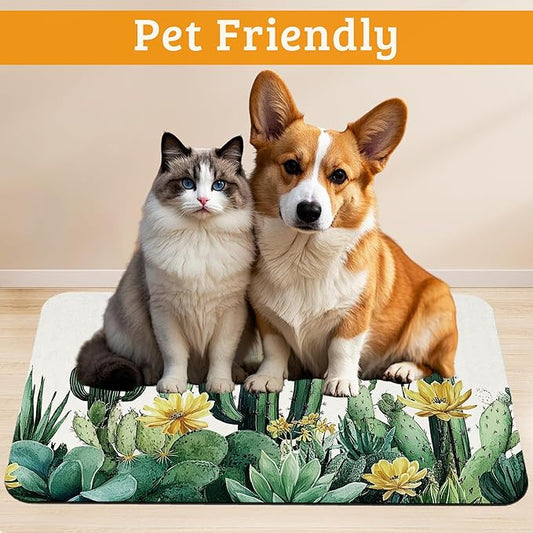 Tropical Cactuses Feeding Mat,Blooming Succulents Absorbent Quick-Dry Cat Dog Food and Water Bowl Mats,Non-Slip Rubber Backing Mat,Cat Dog Accessories Supplies 12" x 20"