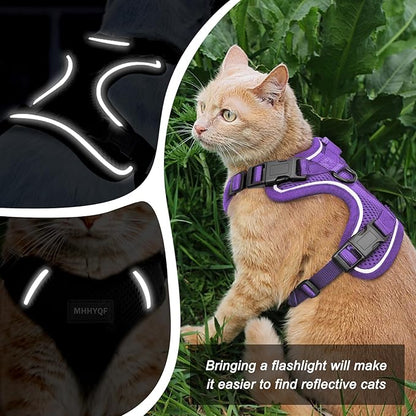 Cat Harness and Leash Set for Walking Escape Proof, Improved Four Place Adjustable Cat Car Harness, Soft Kittens Vest with Reflective Strip for Cats, Comfortable Outdoor Vest, Purple, XS