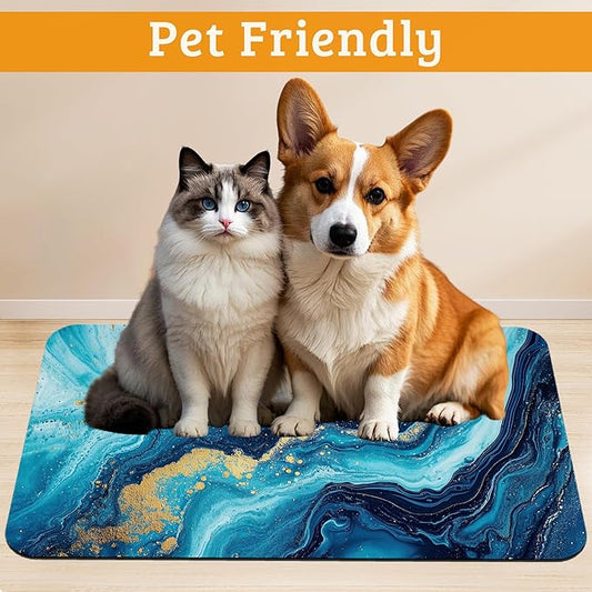 Dog Bowl Mat,Blue Gold Marble Pet Feeding Mat for Floors Waterproof,Flowing Absorbent Dogs Placemat for Food and Water Quick Dry Pet Cat Feeding Mats with Non Slip Bottom 16" x 24"