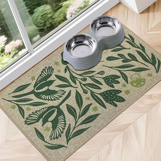 SHIYUE Dog Food Mats for Floors, Absorbent Cat Bowl for Food and Water, Non-Slip Accessories Pet Supplies(16"x24",Green Flower Bird)