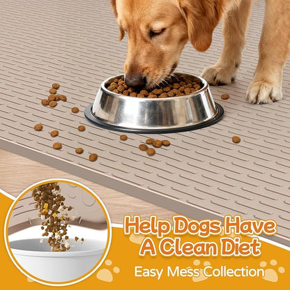Lanstics Dog Food Mat, 40" x 28" Large Silicone Mat Dog Feeding Mat with Raised Edge Non-Slip Pet Feeding Mat for Food and Water Bowl, Easy to Clean, Floor Protection (Khaki)
