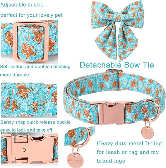 Christmas Dog Collar with Bow Tie,Adjustable Gingerbread Pet Collar,Chriatmas Puppy Bowtie Collar for Small Medium Large Dogs,L,Neck 16-24in