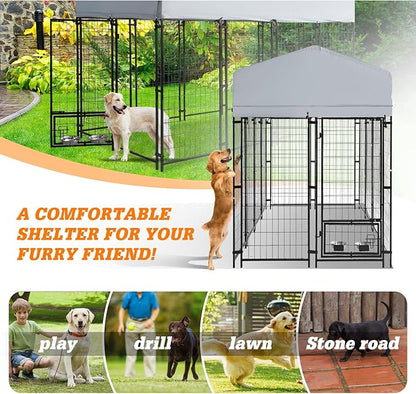 8x4x6 FT Outside Large Dog Kennel with roof - Outdoor Heavy Duty Welded Wire Steel Dog Playpen with Rotating Bowls, Dog Run Enclosure Crate Cage with Lockable Doors for Chicken, Rabbit