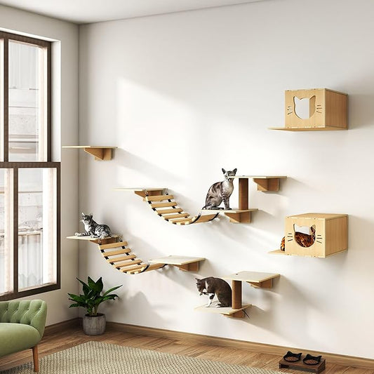 12-Pc Cat Wall Shelves, Cat Wall Furniture Set with Cat Bridge & Scratching Post, Large Wall Mounted Cat Tree Activity Center, Cat Climbing Wall for Indoor Cats Sleep & Scratch, Natural Pine