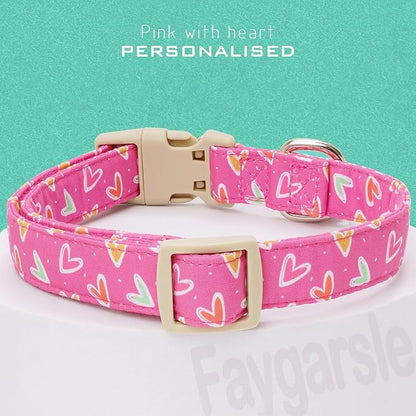 Faygarsle Valentine's Day Dog Collar, Pink Heart Pattern with Metal D-Ring and Heart Charm, Adjustable Pet Collar for Small Medium Large Dogs S