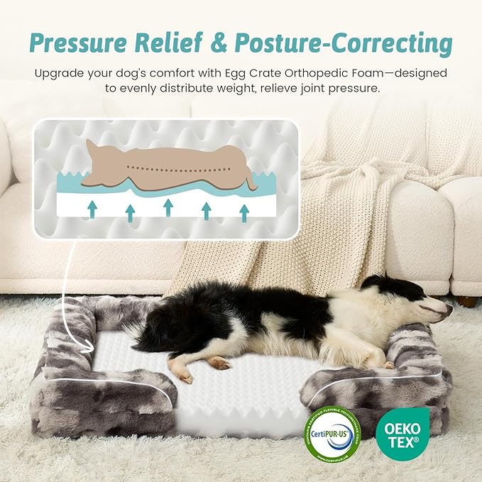 Orthopedic Dog Bed for Medium Small Size Dog, Soft and Warm Faux Fur Sofa for Pet Up to 40 lbs, Foam Bolster Anti-Slip Couch with Washable Removable Cover, M 30x20x6.5 inch, Tie Dye Grey