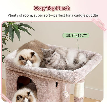 Heybly Cat Tree, 25.6-inch Cat Tower with Spacious Top Perch for Large Cats, Stair-Style Cat House Furniture with Dual-Layer Condos, Sisal Scratching Posts, Cozy Basket & Pompom, Muchroom HCT204SMU