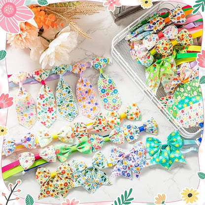 Reginary 100 Pieces Dog Bow Tie Collar Set Include 40 Dog Neckties, and 30 Puppy Bowties, 30 Collar Flowers, Adjustable Pet Ties Grooming for Small Medium Cats Pets Supply(Floral)