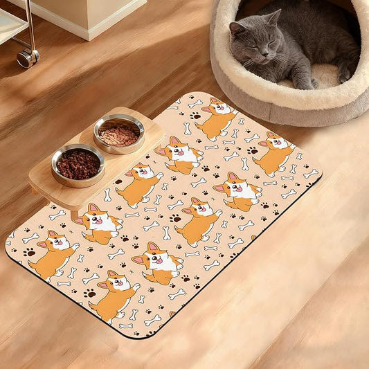 Corgi Feeding Mat,Cute Dogs Absorbent Quick-Dry Cat Dog Food and Water Bowl Mats,Non-Slip Rubber Backing Mat,Cat Dog Accessories Supplies 12" x 20"