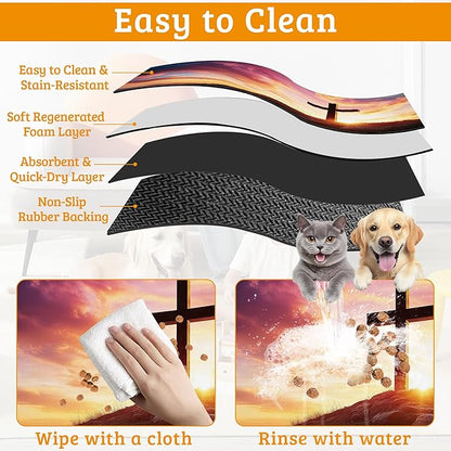 Pet Feeding Mat,Cross Absorbent Dog Cat Food Mat Sunset Dog Mat with Rubber Backing,Non-Slip Water Bowl Placemat,Pet Supplies 12" x 20"