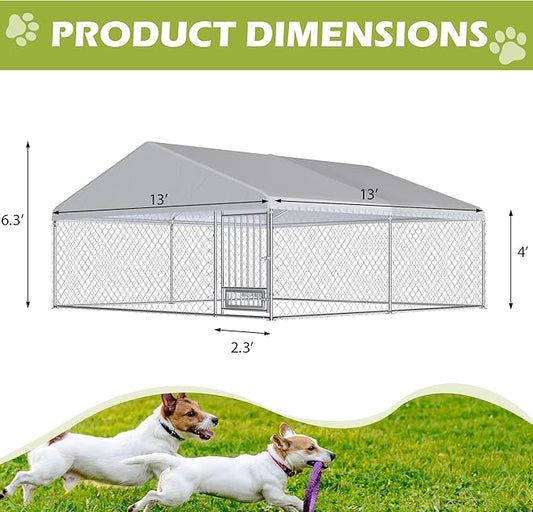 13FT x 13FT Outdoor Dog Kennel with Roof, Outside Dog Run Fence with Rotated Dog Bowls, Large Dog House Pen Enclosure with Secure Lock&Textilene Door
