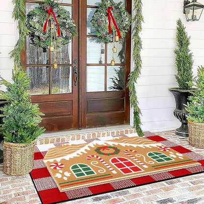Tinideya 2 Pcs Door Mat Welcome Non Slip Coir Mats Floor Layering Doormats Seasonal for Front Porch Entryway Decor(Gingerbread House)
