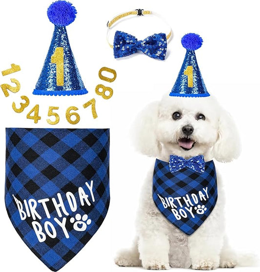 Dog Cat Birthday Party Supplies, Dog Cat Birthday Decorations Hat Bandana Bow Tie Collar Set with 0-8 Number for Large Medium Small Pet (Large, Blue)
