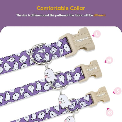 Faygarsle Halloween Dog Collar with Charm, Purple with Ghost Pattern, for Small Medium Large Dogs M