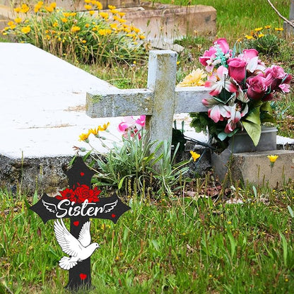Cross Grave Decorations for Cemetery, Sympathy Memorial Stakes for Loss of Sister, Metal Grave Markers for Cemetery for Sister Outdoors Yard Garden (12 X 7.5 Inches)