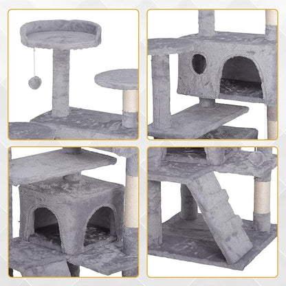 Multi-Level Cat Tree Tower with Condos, 54" Tall Cat Activity Center with Plush Perches and Toys, Space Saving Pet Playhouse for Kittens and Cats (Light Grey)