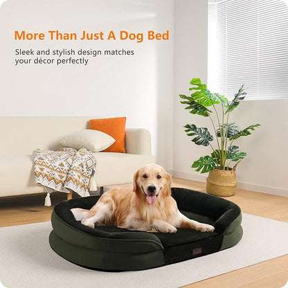Dwanton Orthopedic Dog Bed for Large Dogs with Gel Memory Foam, Waterproof Dog Sofa, Washable Pet Bed with Four Sided Bolster Cushion, Removable Cover & Non-Slip Bottom, 42", Green