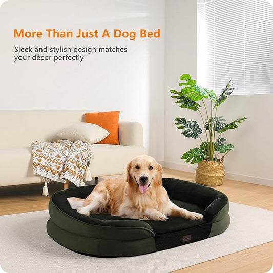 Dwanton Orthopedic Dog Bed for Large Dogs with Gel Memory Foam, Waterproof Dog Sofa, Washable Pet Bed with Four Sided Bolster Cushion, Removable Cover & Non-Slip Bottom, 42", Green