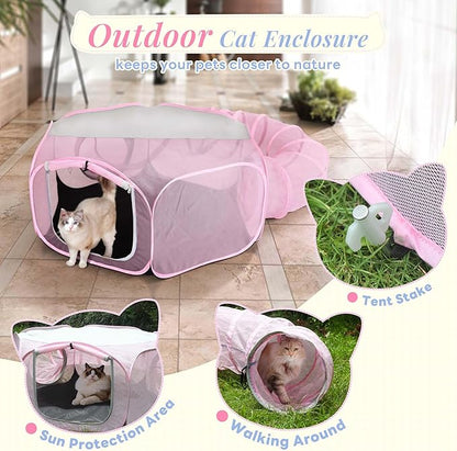 Outdoor Cat Enclosure, Portable Catio Playground for Cat, Outside Pet Enclosure with Mesh Tent, Circle Cat Playpen Tunnel for Indoor Cats & Small Animal, with Storage Bag