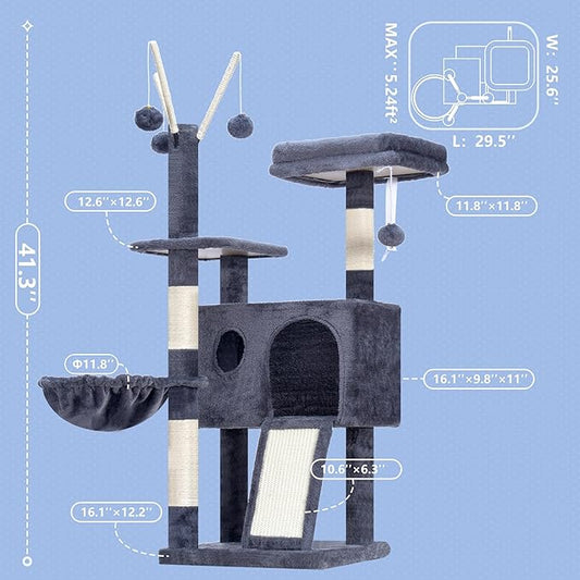 Hey-brother Cat Tree Tower, Scratching Posts with Removable Toys, Cozy Condo, Platform, Hammock, Sisal Scratch Board and Ball for Indoor Kittens, 41.3 Inches, Smoky Gray MPJ008SG