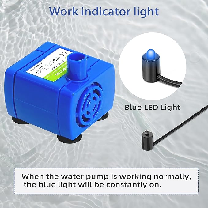 IP68 DR-DC160 Submersible Water Pump Cat Water Fountain Pump for Tritone Ceramic, Stainless Steel, Round Flower Cap Cat Fountains, Automatic Pet Water Dispenser Replacement Pump (with LED & Brush)