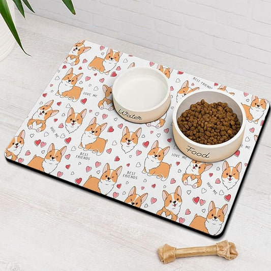 Corgi Dog Food & Water Mat, Pet Feeding Mat for Floor Non-Slip Waterproof, Super Absorbent Cat Bowl Mat, Easy to Clean Eco-Friendly Durable Pet Placemat,16" × 24"