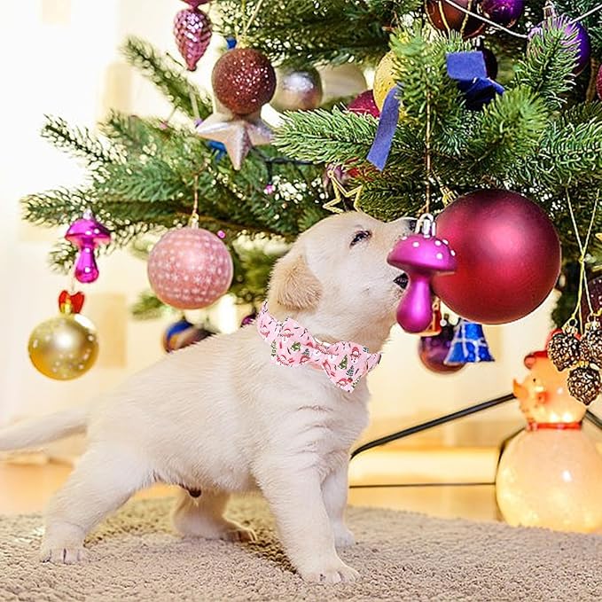 Christmas Dog Collar, Christmas Tree and Snowman Print Cute Winter Holiday Collars Cotton Adjustable Comfortable Pink Dog Collar with Bow,Stylish Collars for X-Small Girl Dogs