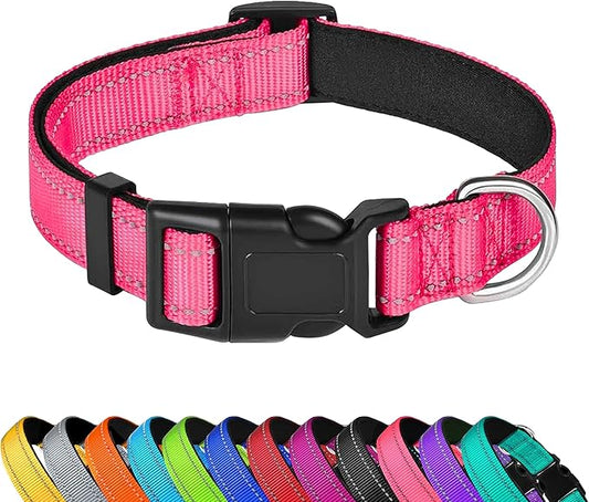 Reflective Dog Collar, Adjustable Soft Neoprene Padded Nylon Pet Collars with Buckle for Large Dogs, Hotpink,L
