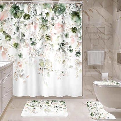 4 PCS Green Pink Floral Flower Shower Curtain Set 72Wx72H Inch Watercolor Pastel Plant Complete Bathroom Set Non-Slip Bath Rug Toilet Lid Cover and U Shape Mat Accessories 12 Hook Bathoom Decor