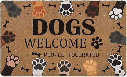 Dogs Welcome People Tolerated Door Mat, Cute Dog Paws Print Artificial Coir Front Door Mat Indoor Outdoor Entrance, Funny Dog Paw Welcome Doormat Rug for Porch Entryway Patio Decor, 17X30 Inch
