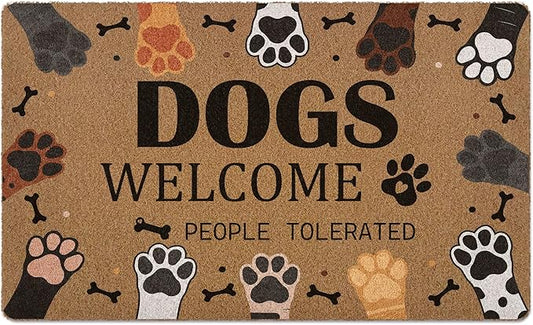 Dogs Welcome People Tolerated Door Mat, Cute Dog Paws Print Artificial Coir Front Door Mat Indoor Outdoor Entrance, Funny Dog Paw Welcome Doormat Rug for Porch Entryway Patio Decor, 17X30 Inch