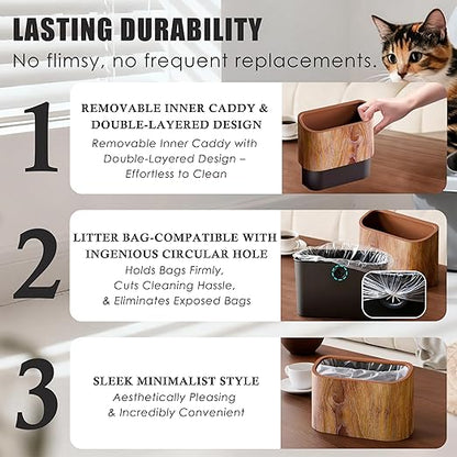 Cat Litter Scoop Holder – Wood-Grain Dual-Open Scoop Caddy with Bag-Lock Hole, Wide-Mouth Double-Layer Inner Bucket, Mini Desktop Trash Bin for Pet Scoops & Accessories