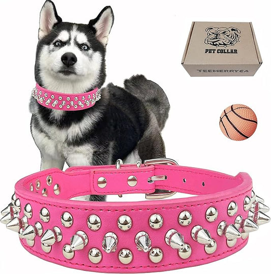 TEEMERRYCA Adjustable PU Leather Spiked Studded Dog Collars with a Squeak Ball Gift for Small Medium Large Pets Like Cats/Pit Bull/Bulldog/Pugs/Husky, Hot Pink, S 10.8"-13.2"