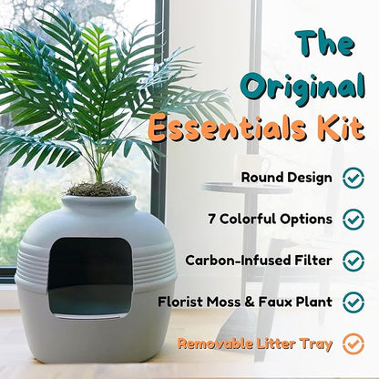 Good Pet Stuff Hidden Litter Box Planter, Decorative Cat Litter Enclosure with Carbon Filter, Artificial Plant, Easy Clean, Indoor Design, Original Round Style, Essentials Kit, Stone Gray