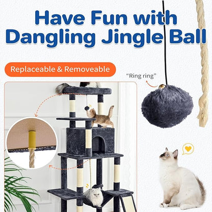 Cat Tree Tower 63in Multi-Level Cat Tower for Indoor Cats with Sisal Scratching Posts, Condo, Hammock, Dangling Ball and Extended Platform for Cats to Play, Grey