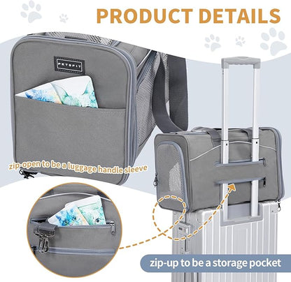 ‌Petsfit Airline Approved Pet Carrier for Small Cats, 16.5x8.6x11 TSA Approved Carrier, with Removable Dual-Sided Padding (2-Way Placement) - Fits Under Most Airplane Seats, Escape Proof (Grey)